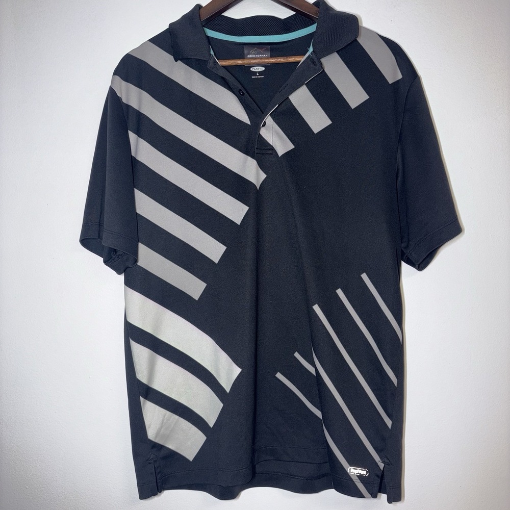 Greg Norman L Black Golf Polo Shirt Gray Diagonal Stripes Performance Wear